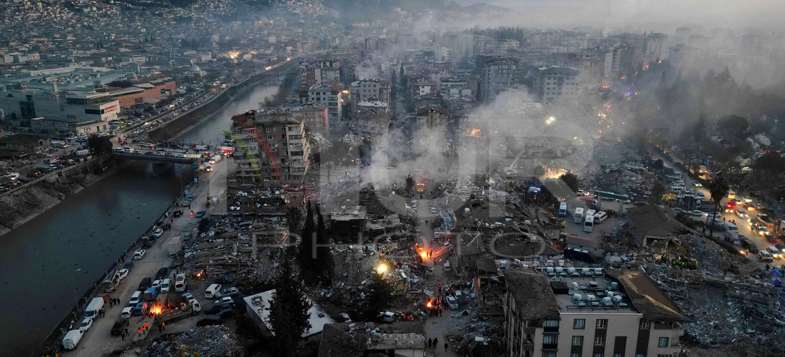A drone view of a collapsed building in Hatay, Turkey, on February 10, 2023. On February 6 an Earthquake with magnitude of 7.8 and 7.6 struc...