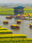 Tourists Take boats ride to See The Blooming Rapeseed Flowers in Xinghua.