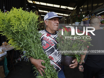 A person holds two bouquets of flowers inside the Jamaica Market in Mexico City where dozens of people came to buy flowers and gifts for Mot...