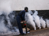 A health worker uses an anti-mosquito fumigation machine to control mosquitoes in Colombo, Sri Lanka. May 10, 2023. The dangerous dengue vir...