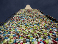 The Obelisk of Buenos Aires, Argentina is packed with plastic bags on May 13, 2023 for World Recycling Day, which is celebrated on May 17. (