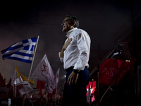 The president of the main opposition party of SYRIZA, delivers a pre-election speech in Syntagma Square of Athens, on May 18th 2023.  (