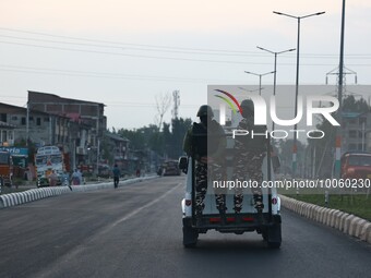Indian security forces patrolling early morning ahead of G-20 Meeting in Srinagar Jammu and Kashmir, India on 19 May 2023. (