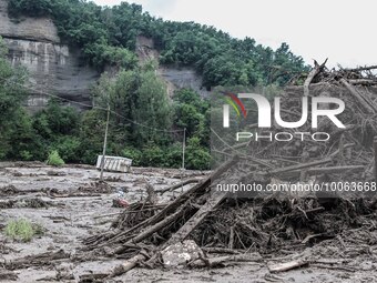 Fallen trees are removed to clear the ground. Bologna Mountain, 20 May 2023. Bologna's mountains are still ravaged by mud, while roads are s...