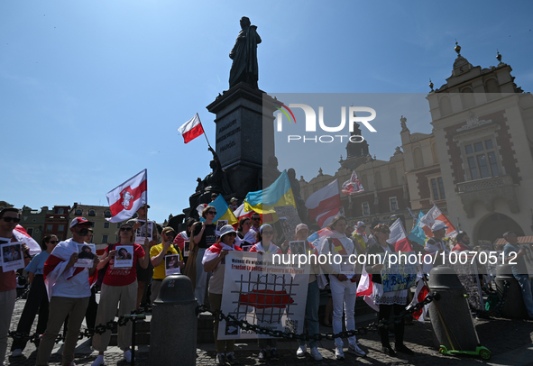 KRAKOW, POLAND - MAY 21, 2023:
Unified in solidarity, members of the local Belarusian and Ukrainian diaspora, joined by dedicated activists,...