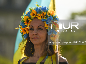 KRAKOW, POLAND - MAY 21, 2023:
Members of the local Ukrainian diaspora gather at the main Market Square in Krakow to commemorate the defende...