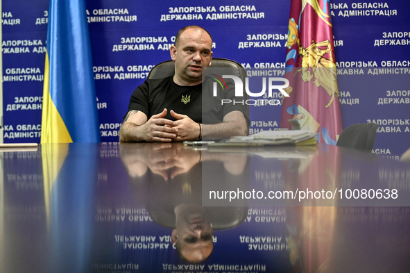 ZAPORIZHZHIA, UKRAINE - MAY 23, 2023 - Zaporizhzhia Regional Military Administration head Yurii Malashko gives an interview to a corresponde...