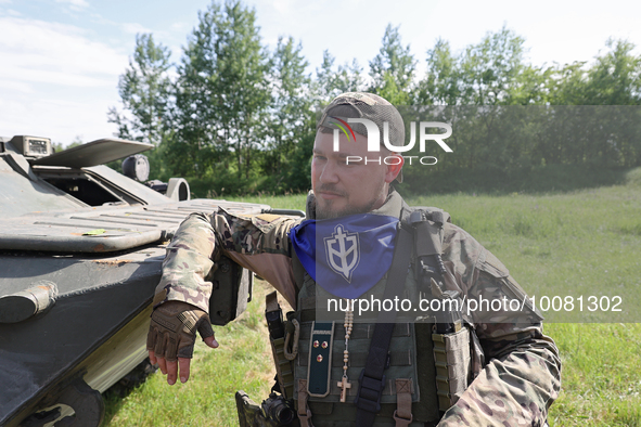 NORTHERN UKRAINE - MAY 24, 2023 - Member of the Russian Volunteer Corps (RDK) Ilya Bogdanov is pictured a briefing near the border in northe...