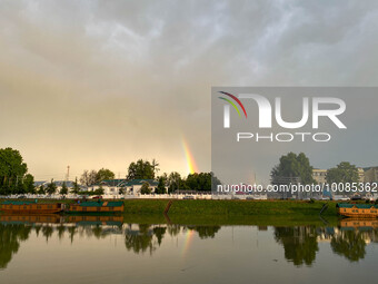 Rainbow appears after heavy rainfall in Srinagar, Indian Administered Kashmir on 25 May 2023. Rainfall will continue in the parts of Kashmir...