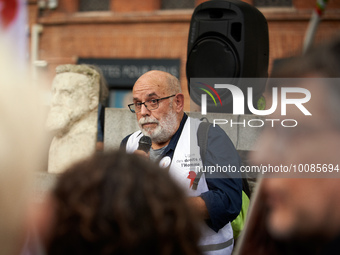 Jean-Francois Migard head of the Toulouse's branch of the LDH speaks during the gathering. The Toulouse's branch of the Human Rights League...
