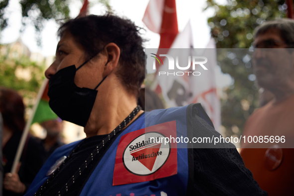 A woman wears a sticker reading 'Antifascist'. The Toulouse's branch of the Human Rights League (LDH, Ligue des Droits de l'Homme) organized...