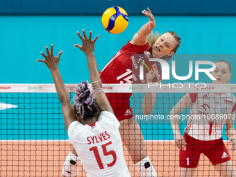 Amandha Sylves (FRA), Martyna Czyrnianska (POL) during Poland vs France, volleyball friendly match in Radom, Poland on May 25, 2023. (