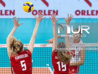 Agnieszka Korneluk (POL), Martyna Czyrnianska (POL), Amelie Rotar (FRA) during Poland vs France, volleyball friendly match in Radom, Poland...
