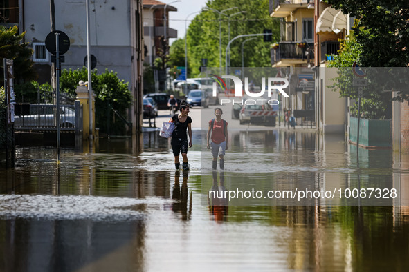 A general view of houses, roads and cars submerged and the flood damage in Emilia Romagna on May 26, 2023 in Conselice, Italy 