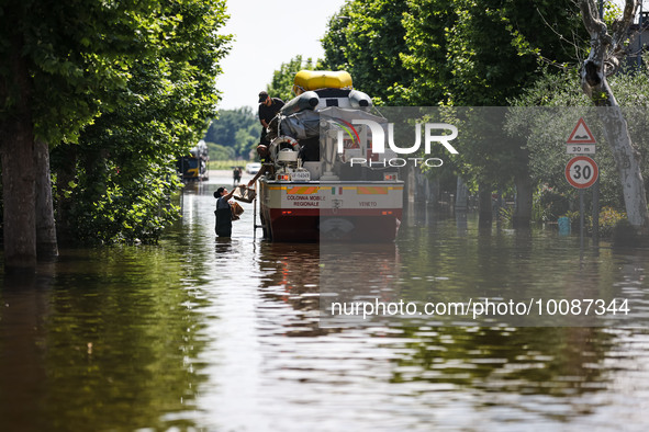 A general view of volunteers at work and the flood damage in Emilia Romagna on May 26, 2023 in Conselice, Italy 