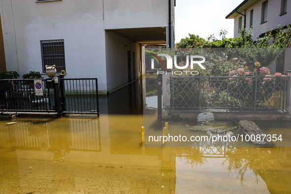 A general view of houses, roads and cars submerged and the flood damage in Emilia Romagna on May 26, 2023 in Conselice, Italy 