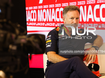 Christian Horner during a press conference ahead of the Formula 1 Grand Prix of Monaco at Circuit de Monaco in Monaco on May 26, 2023. (