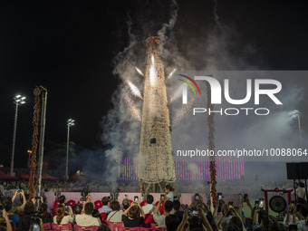 A General view showing fireworks at the bun tower on May 26, 2023 in Hong Kong, China. Cheung Chau Bun Festival or Cheung Chau Da Jiu Festiv...