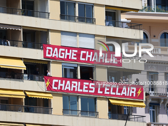 Banners supporting Charles Leclerc before first practice ahead of the Formula 1 Grand Prix of Monaco at Circuit de Monaco in Monaco on May 2...