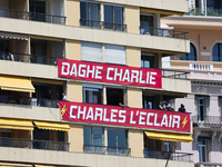Banners supporting Charles Leclerc before first practice ahead of the Formula 1 Grand Prix of Monaco at Circuit de Monaco in Monaco on May 2...