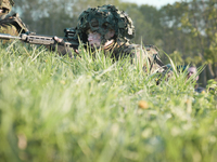 A member of the Estonian Defence Forces is seen during an exercise near Tapa, Estonia on 19 May, 2023. Estonia is hosting the Spring Storm N...