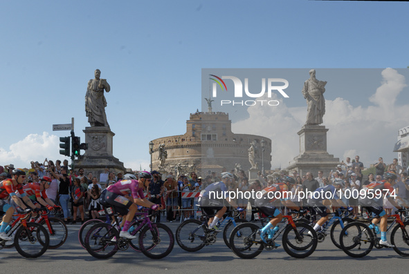 General view of the peloton competing at Castel Sant'Angelo during the 106th Giro d'Italia 2023, Stage 21 a 126km stage from Rome to Rome /...