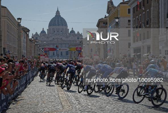 General view of the peloton competing at Saint Peter Basilica during the 106th Giro d'Italia 2023, Stage 21 a 126km stage from Rome to Rome...