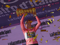  Primoz Roglic of Slovenia and Team Jumbo-Visma - Pink Leader Jersey celebrates at podium during the 106th Giro d'Italia 2023, Stage 21 a 12...