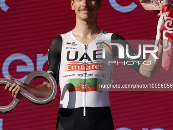 Joao Almeida of Portugal and UAE Team Emirates - White Best Young Rider Jersey celebrates at podium during the 106th Giro d'Italia 2023, Sta...
