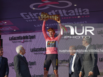 Primoz Roglic of Slovenia and Team Jumbo-Visma - Pink Leader Jersey celebrates at podium during the 106th Giro d'Italia 2023, Stage 21 a 126...