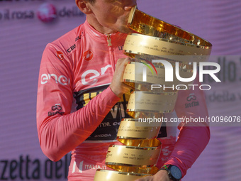 Primoz Roglic of Slovenia and Team Jumbo-Visma - Pink Leader Jersey celebrates at podium during the 106th Giro d'Italia 2023, Stage 21 a 126...