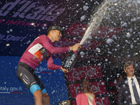 Jonathan Milan of Italy and Team Bahrain - Victorious - Purple Points Jersey celebrates at podium during the 106th Giro d'Italia 2023, Stage...