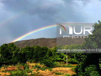 A Rainbow appears in the sky after rain in Pushkar, India on 30 May 2023. (