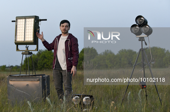 KYIV REGION, UKRAINE - MAY 29, 2023 - Curator of the searchlights for air defence forces at the Hurkit Charity Fund, Volunteer Valentyn Nyzk...