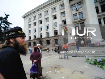 Police stand guard outside the Trade Union building Odessa. More then 30 people were killed after they were trapped inside the building. Man...