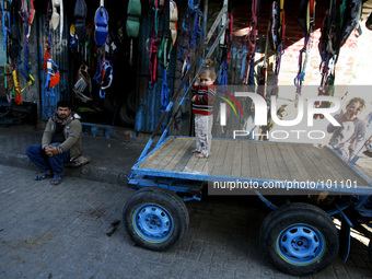 A Palestinian girl stands on a horse cart next to her father who worker in a shop in the Khan Younis refugee camp in the southern Gaza Strip...