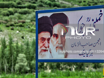 Sign with the image of Ayatollah Khomeini in the Nun Kun Village in Ladakh, India.  (