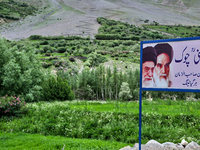 Sign with the image of Ayatollah Khomeini in the Nun Kun Village in Ladakh, India. (