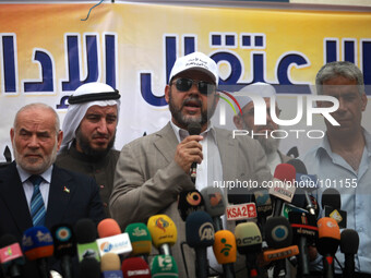 Deputy Hamas leader Moussa Abu Marzouk, speaking during a news conference in front of the relatives of Palestinian prisoners inside Israeli...