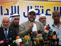 Deputy Hamas leader Moussa Abu Marzouk, speaking during a news conference in front of the relatives of Palestinian prisoners inside Israeli...