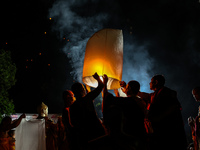 MAGELANG, CENTRAL JAVA, INDONESIA - JUNE 4: Buddhist monks release lanterns at the Borobudur temple as a part of celebrations for Vesak Day...