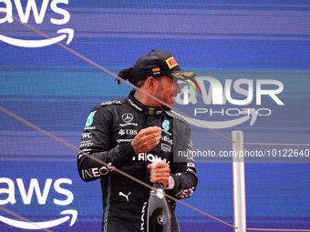 Lewis Hamilton of Mercedes-AMG Petronas F1 Team celebrate on podium during race of Spanish GP, 8th round of FIA Formula 1 World Championship...