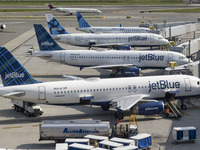 JetBlue Airbus A320 series passenger aircraft of the low cost airline as seen at the tarmac and jet bridges of LaGuardia Airport in New York...