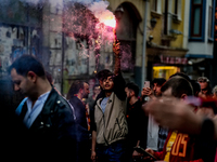 

Fans of Galatasaray are waving flares to celebrate the championship title of Galatasaray in Taksim, Istanbul, on May 4th, 2023 (