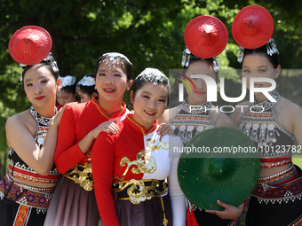 Chinese dancers dressed in traditional outfits perform a traditional classical dance in Unionville, Ontario, Canada, on June 03, 2023. (