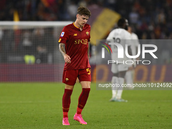 Nicola Zalewski of A.S. Roma celebrates after scoring 1-1 during the 38th day of the Serie A Championship between A.S. Roma vs A.C. Spezia o...