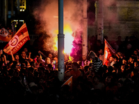 A huge crowd of Galatasaray fans were seen in Taksim celebrating their championships with torches and flags, Istanbul, on May 4th, 2023  (