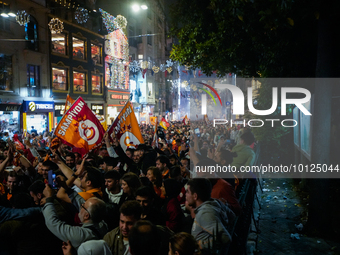 The fans were seen enthusiastically celebrating the championship of Galatasaray with flags at istiklal caddesi , Istanbul, on May 4th, 2023...