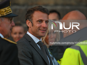 MONT-SAINT-MICHEL, FRANCE - JUNE 05, 2023:   French President Emmanuel Macron and First Lady Brigitte Macron during their visit to Mont Sai...