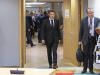 Emmanuel Macron President of the Republic of France arrives at the European Council the Tour de Table - Round Table room at the headquarters...